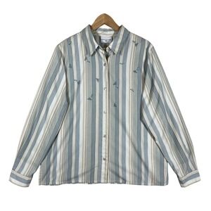 Alfred Dunner Striped Button Down Shirt Womens 16 Floral‎ Embroidery Long Sleeve